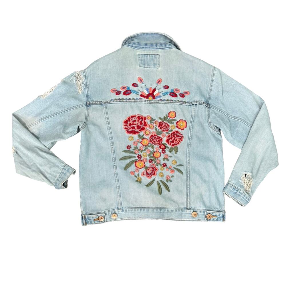 Forever 21 Blue Denim Pink Orange Floral Embroidered Distressed Jean Jacket sz M - Picture 2 of 11